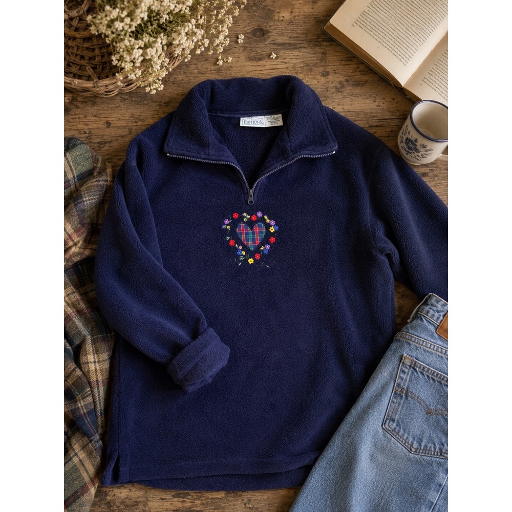 Basic Editions Navy Blue Fleece Quarter Zip Pullover Embroidered Heart Floral L